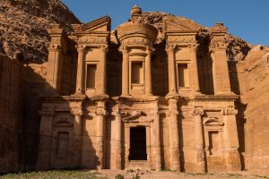 Facade of the Monastery in sunset lights. Petra, Jordan