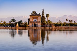 Saadian pavilion,Menara gardens and Atlas in Marrakech, Morocco,